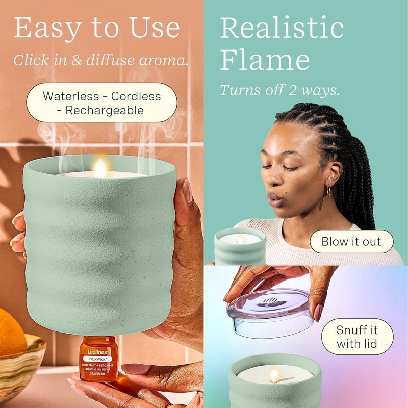 LifeLines Flameless Candle Aromatherapy Essential Oil Diffuser with 2 ClickWick Essential Oil Blends - Cordless & Waterless Diffuser for Home - Scented Electric Candles Blow Out Flame - Green Bubble - Image 3